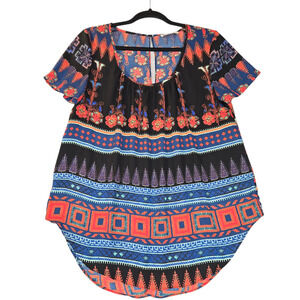 Patrons of Peace Womens Medium Blouse Split Back Round Hem Geometric Flowy Artsy